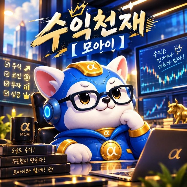 블루와 골드 의상을 입고 안경과 헤드셋을 착용한 모아이 캐릭터 프로필